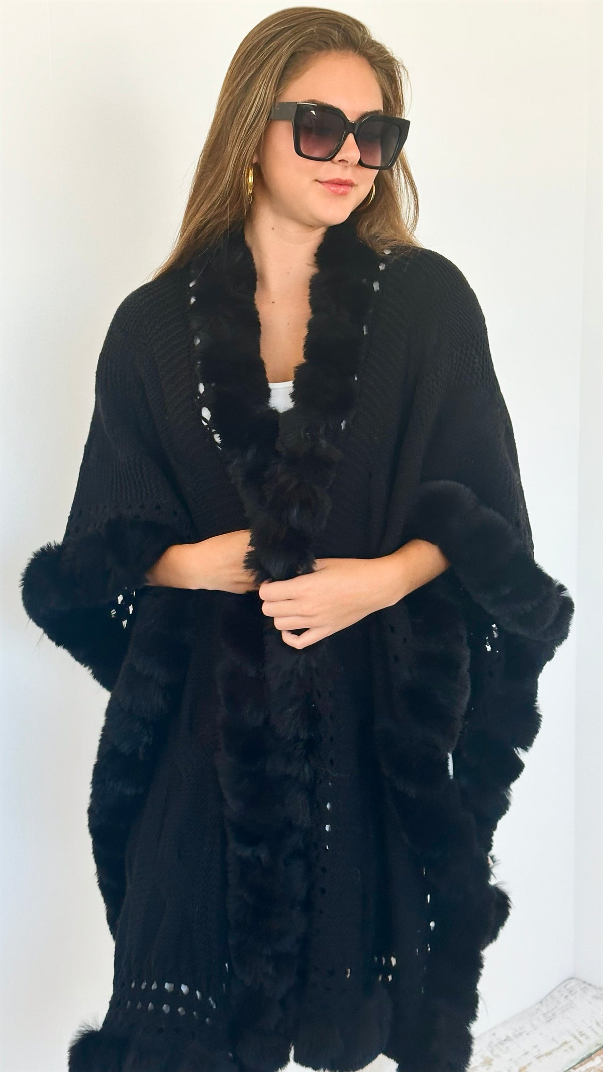 Faux Fur Trim Knitted Cardigan - Black-150 Cardigans/Layers-NYW-Coastal Bloom Boutique, find the trendiest versions of the popular styles and looks Located in Indialantic, FL