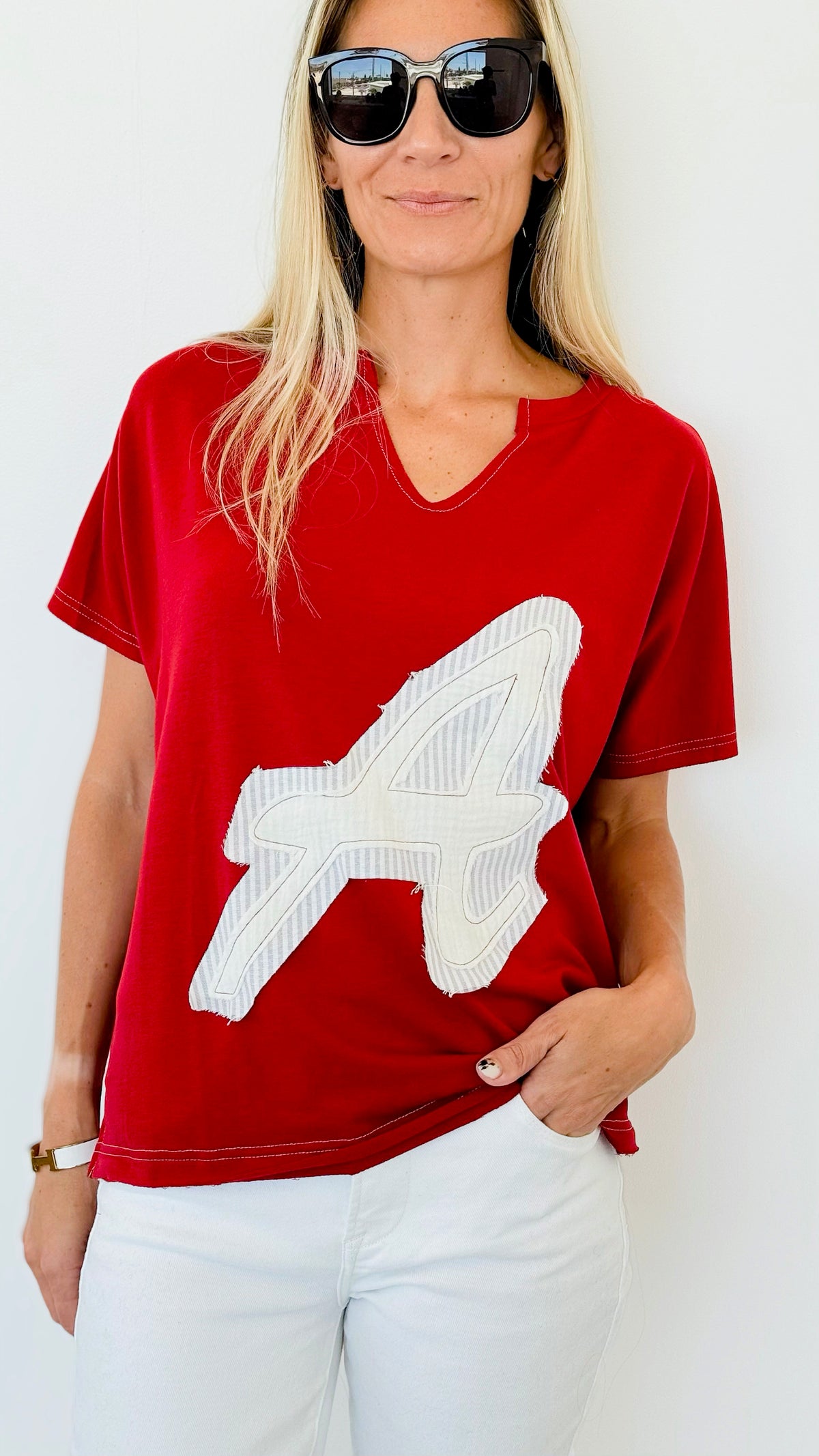 Give Me an A Patchwork Top - Crimson-110 Short Sleeve Tops-Anniewear-Coastal Bloom Boutique, find the trendiest versions of the popular styles and looks Located in Indialantic, FL