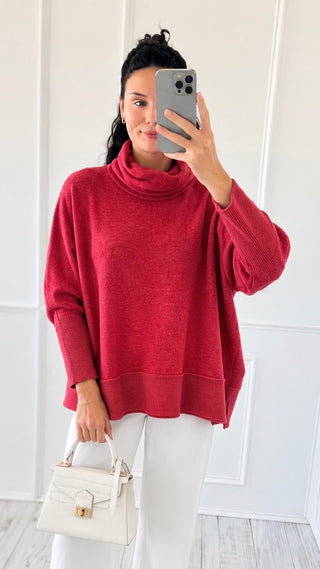 Relaxed Turtleneck Poncho Sweater - Dark Red