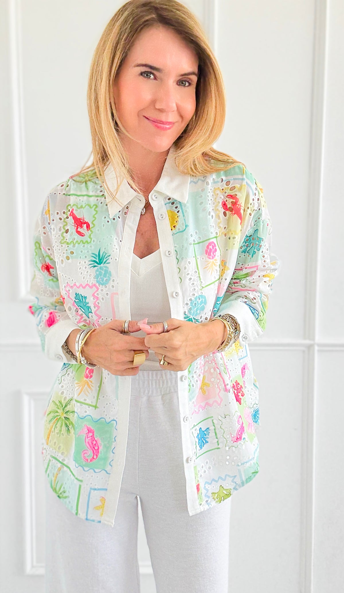 Seashell Souvenir Button Down Top-110 Long Sleeve Tops-Taelynn-Coastal Bloom Boutique, find the trendiest versions of the popular styles and looks Located in Indialantic, FL