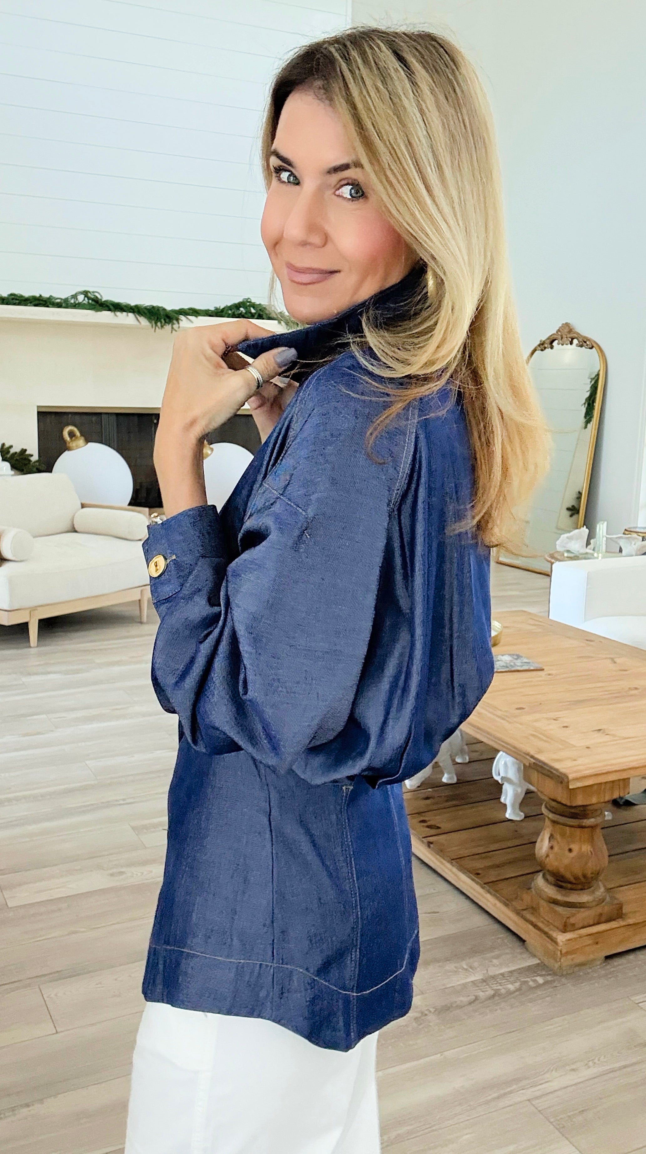 Golden Hour Shimmer Button Top-130 Long Sleeve Tops-LA ROS-Coastal Bloom Boutique, find the trendiest versions of the popular styles and looks Located in Indialantic, FL