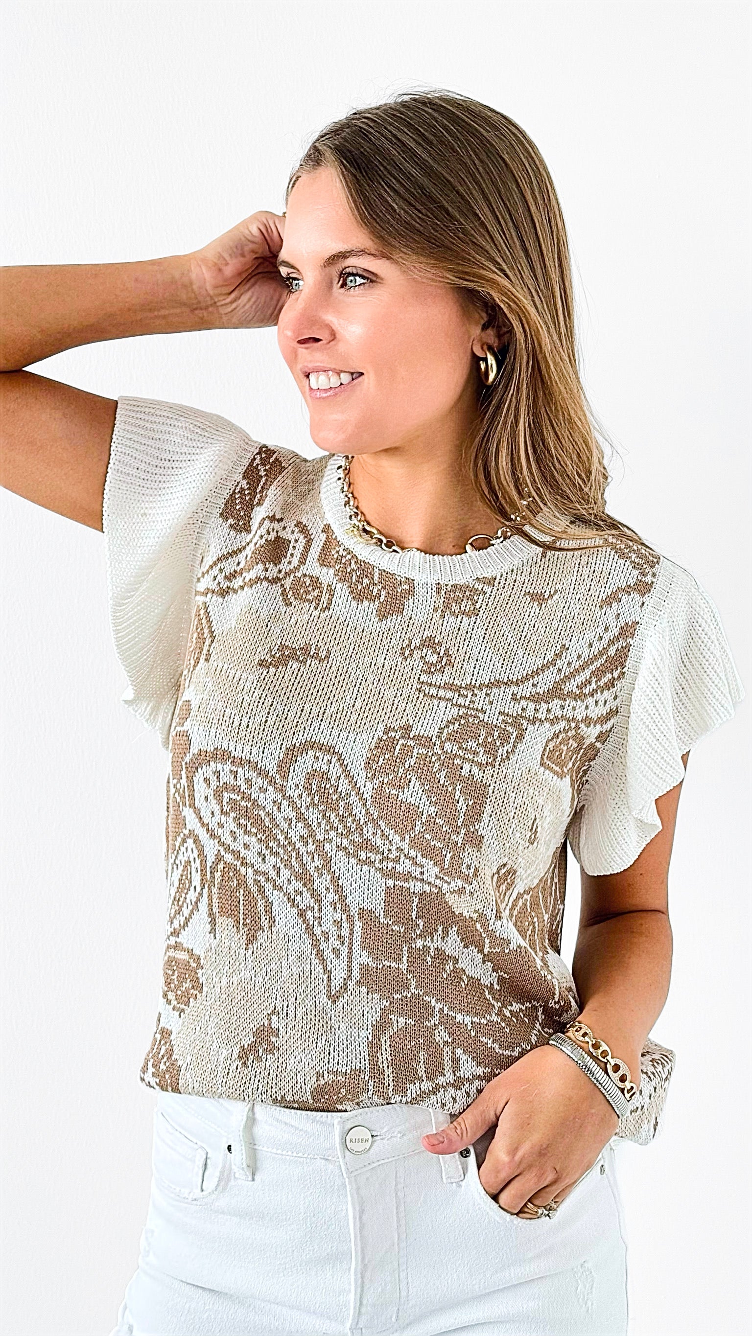 Soft Elegance Flutter Sleeve Top - Toffee/Off White-110 Short Sleeve Tops-Jodifl-Coastal Bloom Boutique, find the trendiest versions of the popular styles and looks Located in Indialantic, FL