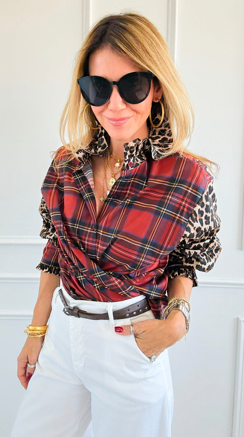 Rebel Ruffled Plaid & Leopard Italian Shirt-110 Long Sleeve Tops-TATTOO Z-Coastal Bloom Boutique, find the trendiest versions of the popular styles and looks Located in Indialantic, FL
