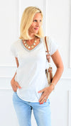 Shimmer Trim V-Neck Italian Top- White-110 short Sleeve Top-SARL LACOMY-Coastal Bloom Boutique, find the trendiest versions of the popular styles and looks Located in Indialantic, FL