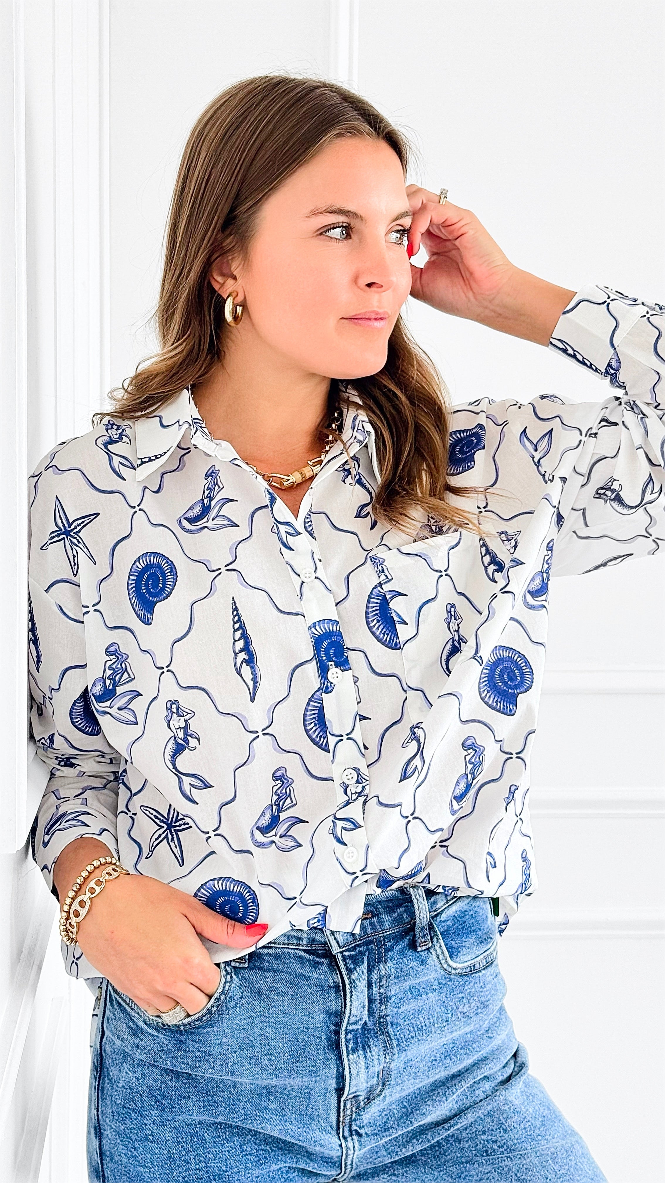 Mermaid & Shell Printed Blouse-150 Cardigans/Layers-Bailey Rose-Coastal Bloom Boutique, find the trendiest versions of the popular styles and looks Located in Indialantic, FL