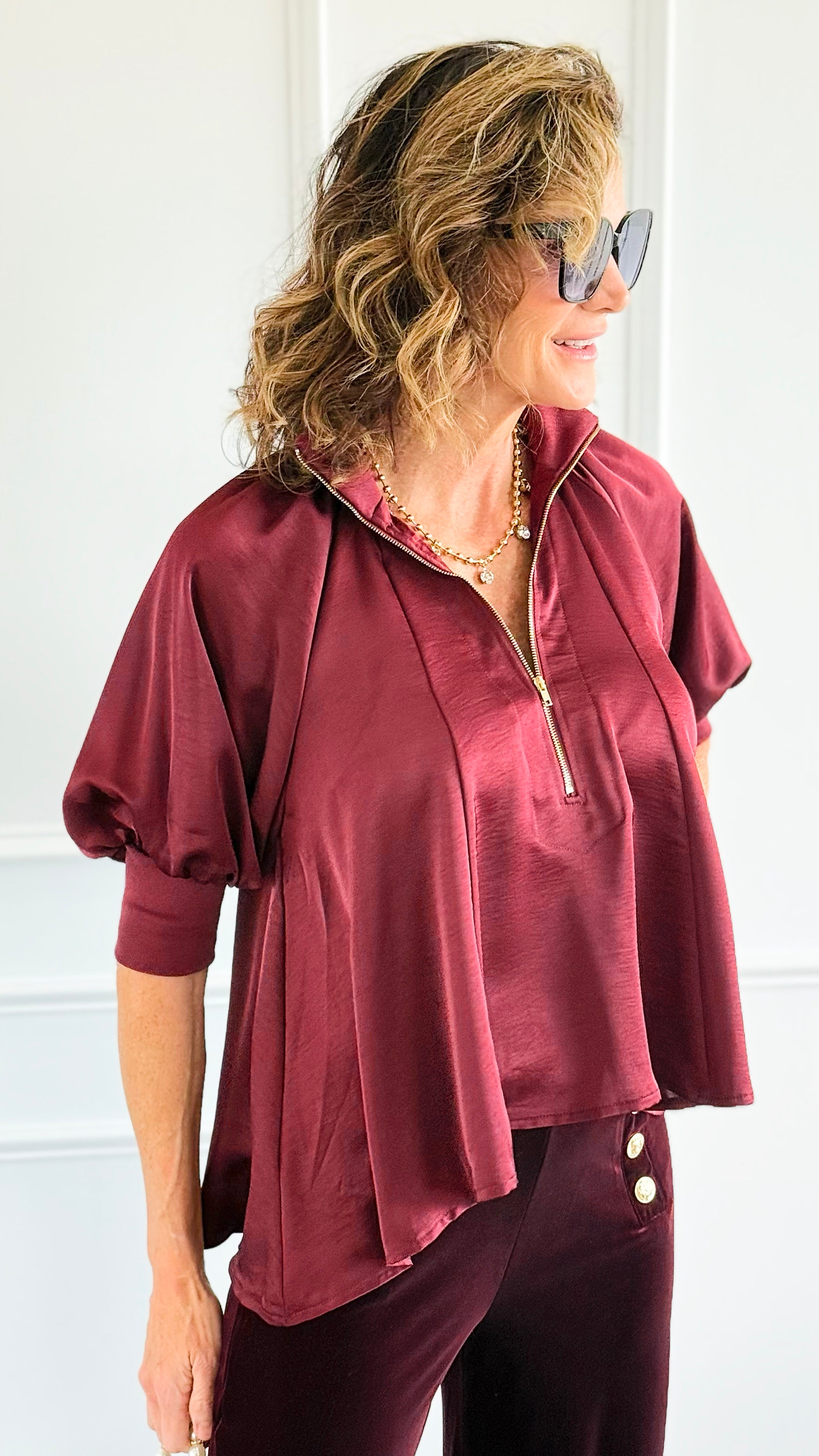 Champagne Whisper Satin Top - Burgundy-110 short Sleeve Top-GLAM-Coastal Bloom Boutique, find the trendiest versions of the popular styles and looks Located in Indialantic, FL