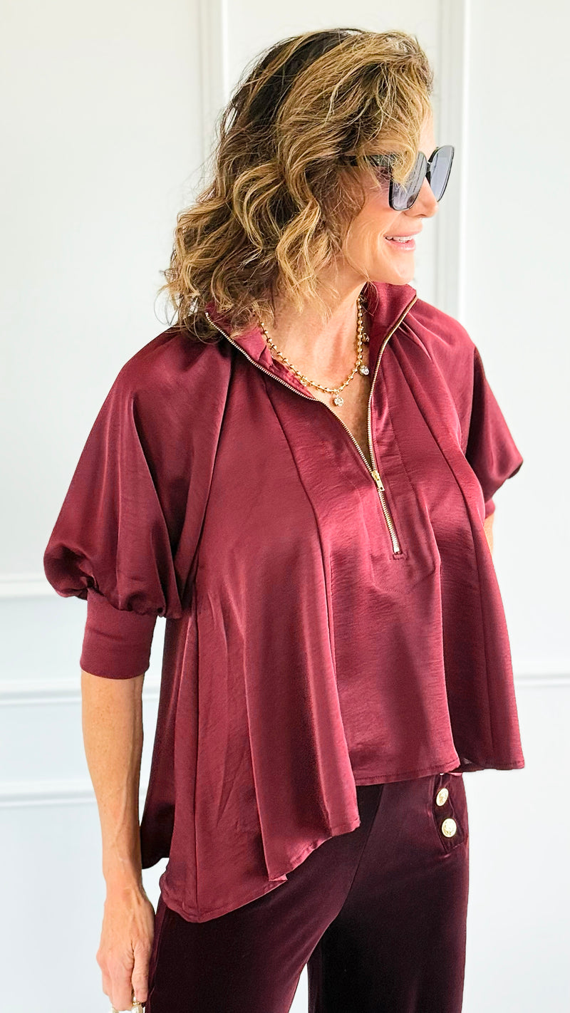 Champagne Whisper Satin Top - Burgundy-110 short Sleeve Top-GLAM-Coastal Bloom Boutique, find the trendiest versions of the popular styles and looks Located in Indialantic, FL
