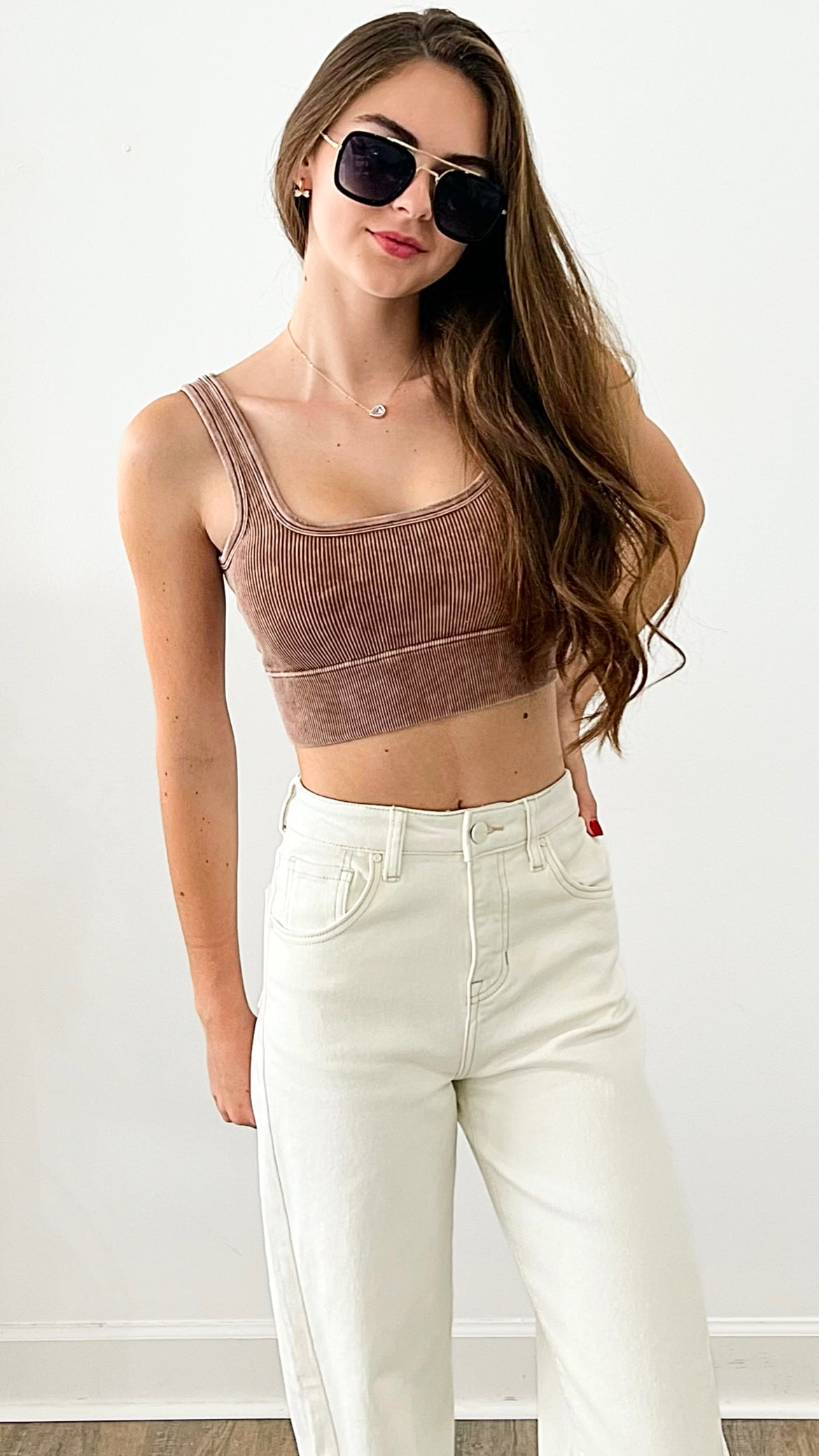 Washed Ribbed Square Neck Cropped With Bra Pads - Dark Camel-220 Intimates-Zenana-Coastal Bloom Boutique, find the trendiest versions of the popular styles and looks Located in Indialantic, FL