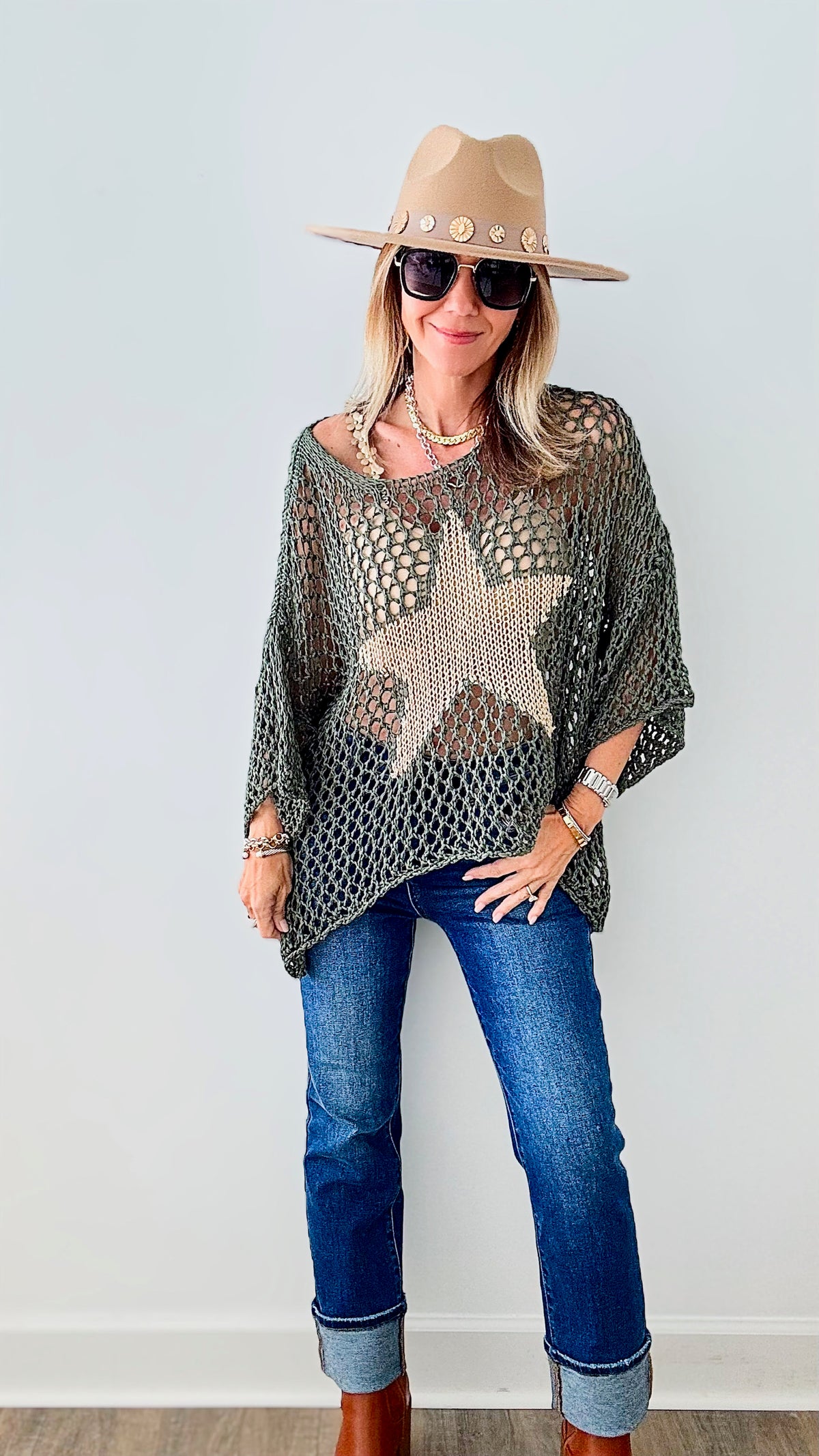 Metallic Star Italian Chain Sweater - Army Green/Gold-140 Sweaters-Germany-Coastal Bloom Boutique, find the trendiest versions of the popular styles and looks Located in Indialantic, FL