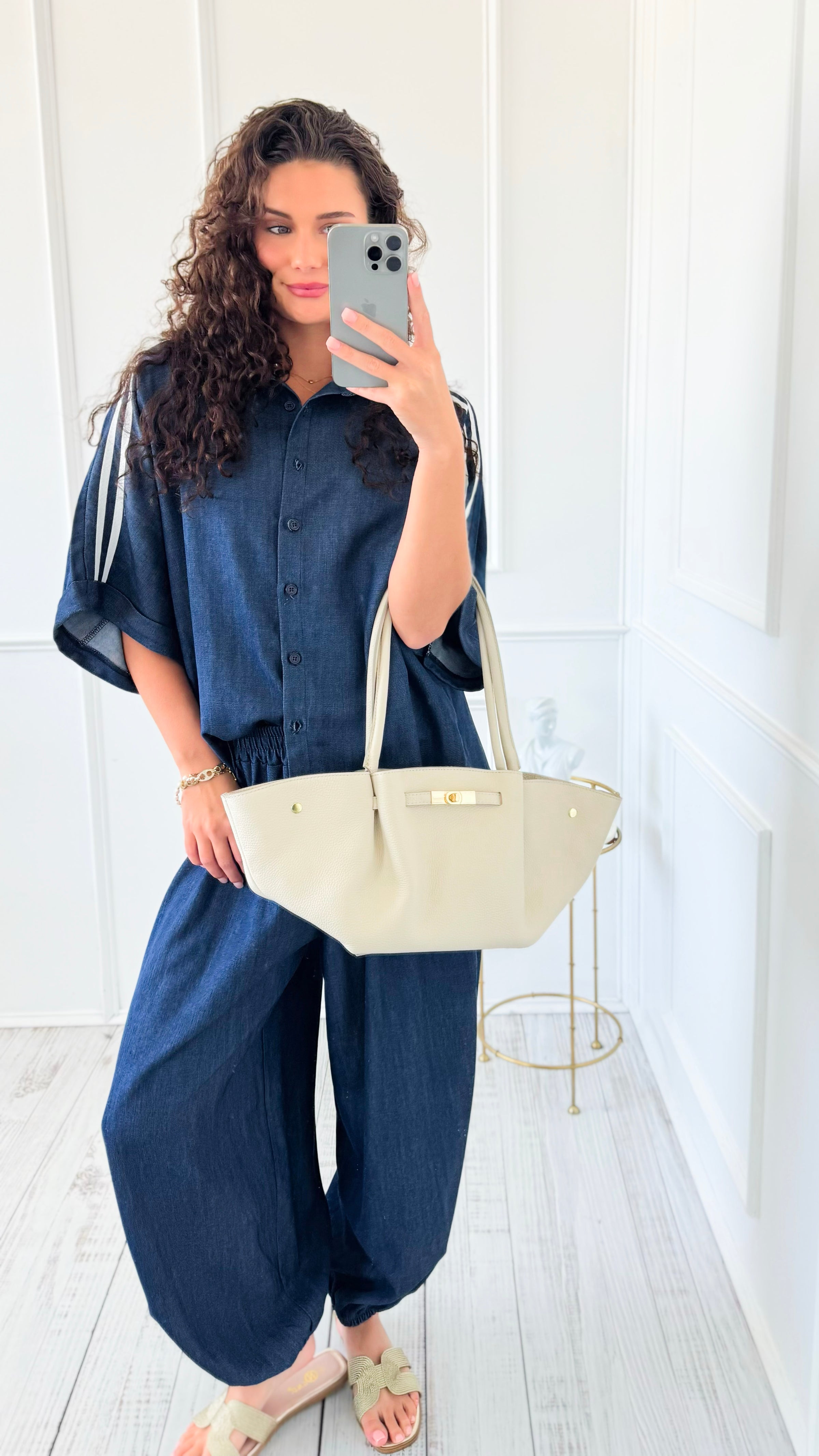 Denim Chic Side Stripe Italian Button Down Top
