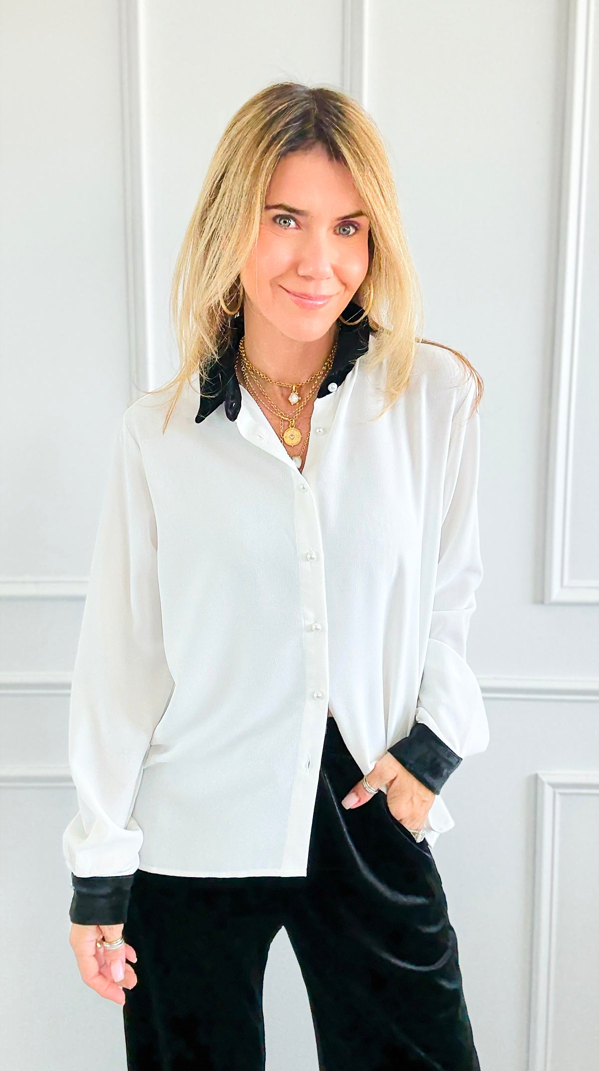 Midnight Contrast Button Down Top - Ivory Black-130 Long sleeve top-Must Have-Coastal Bloom Boutique, find the trendiest versions of the popular styles and looks Located in Indialantic, FL
