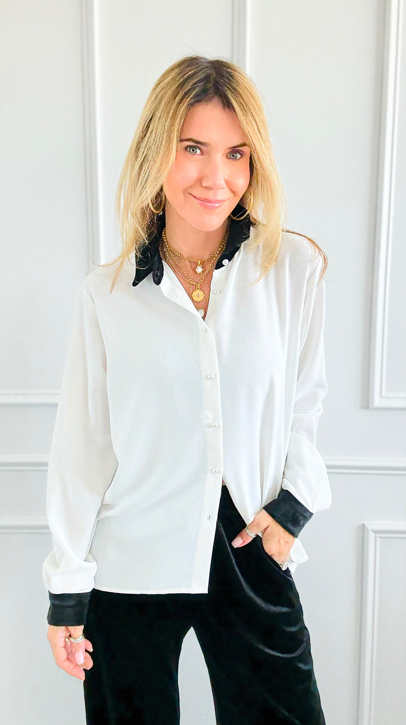 Midnight Contrast Button Down Top - Ivory Black-130 Long sleeve top-Must Have-Coastal Bloom Boutique, find the trendiest versions of the popular styles and looks Located in Indialantic, FL