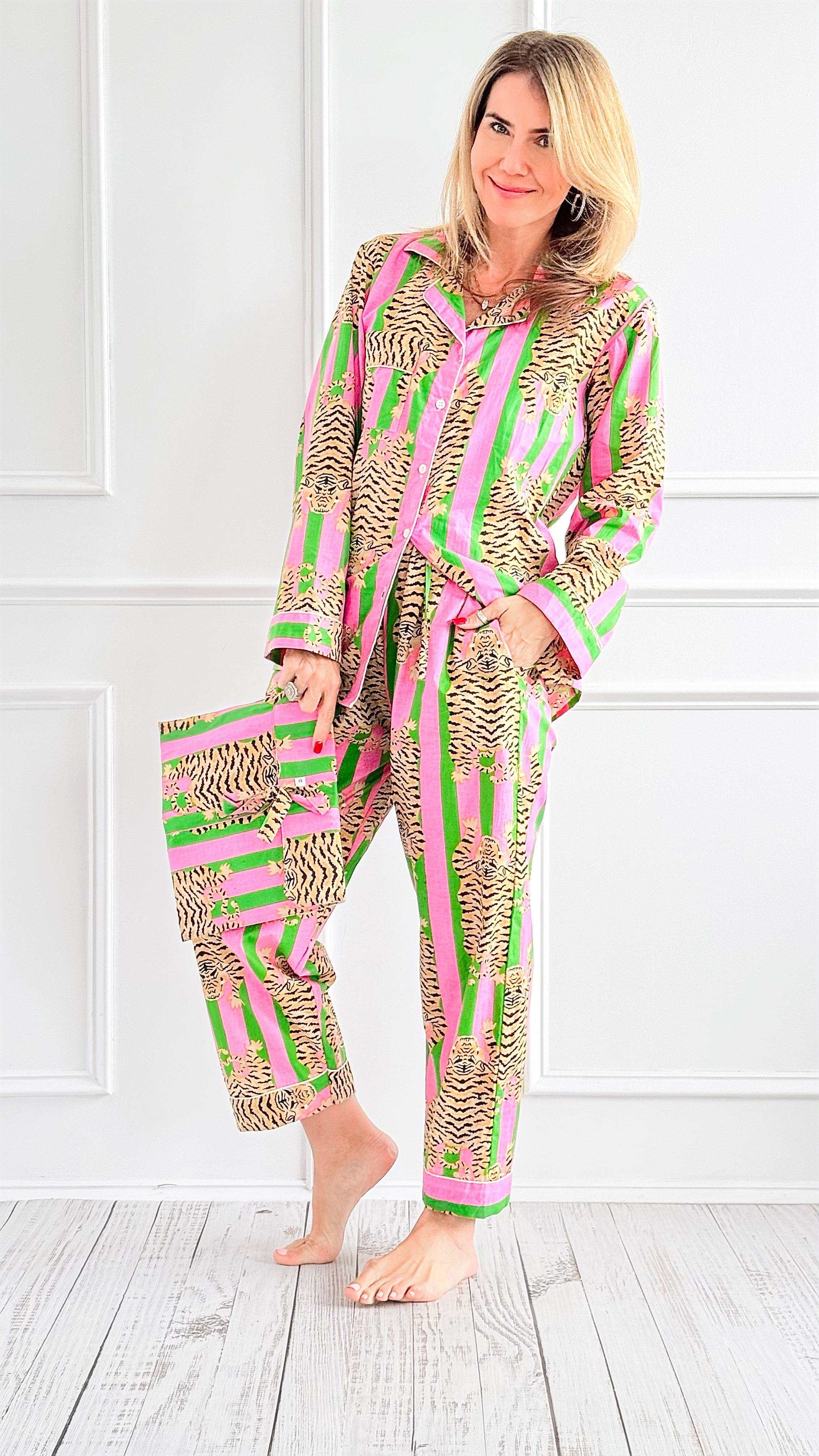 Tropical Tiger Stripe Cotton Pajama Set-Green-220 Intimates-bhavnas boutique-Coastal Bloom Boutique, find the trendiest versions of the popular styles and looks Located in Indialantic, FL