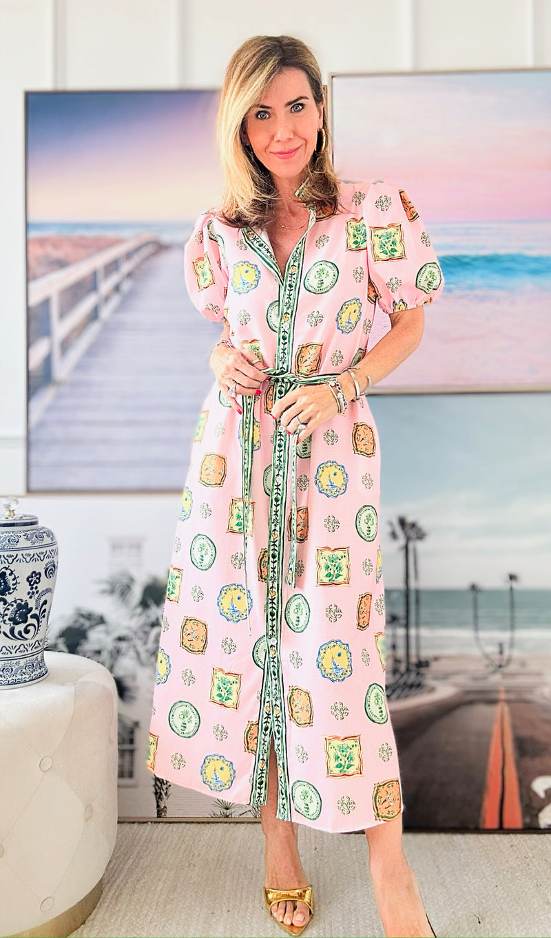 Short Puff Sleeve Button Down Printed Dress-Pink-200 Dresses/Jumpsuits/Rompers-Sundayup-Coastal Bloom Boutique, find the trendiest versions of the popular styles and looks Located in Indialantic, FL