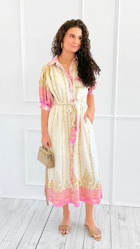 Baroque Border Belted Midi Dress-200 Dresses/Jumpsuits/Rompers-entro-Coastal Bloom Boutique, find the trendiest versions of the popular styles and looks Located in Indialantic, FL