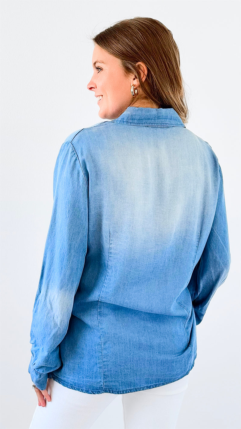 The Everyday Button-Up Denim Blouse-110 Long Sleeve Tops-VENTI6 OUTLET-Coastal Bloom Boutique, find the trendiest versions of the popular styles and looks Located in Indialantic, FL