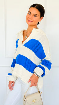 Touchdown Stripe Collar Sweater-140 Sweaters-ODDI-Coastal Bloom Boutique, find the trendiest versions of the popular styles and looks Located in Indialantic, FL