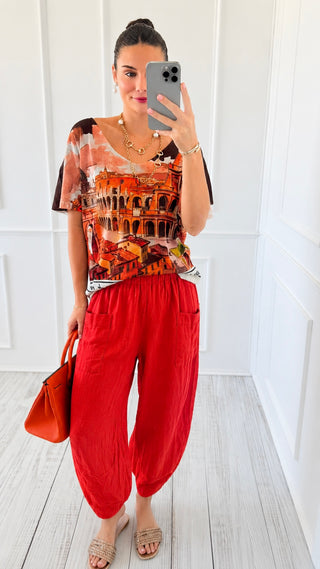 La Spezia Barrel Linen Italian Pant- Dark Orange