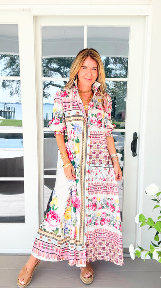 The Floral Mosaic Italian Button Long Dress
