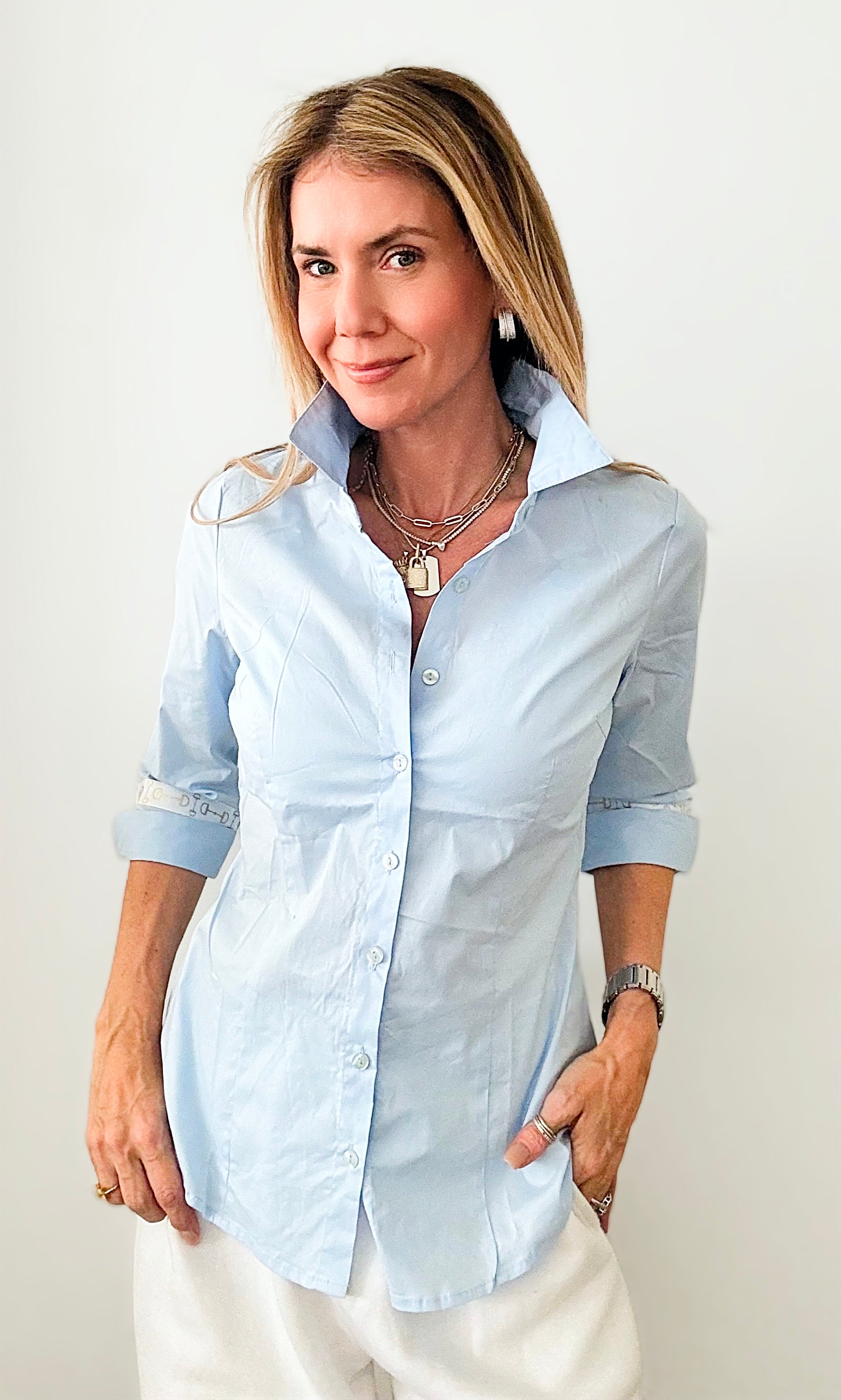 CB Custom Horsebit Ribbon Trim Blouse - Blue-130 Long Sleeve Tops-HIGH MJ-Coastal Bloom Boutique, find the trendiest versions of the popular styles and looks Located in Indialantic, FL