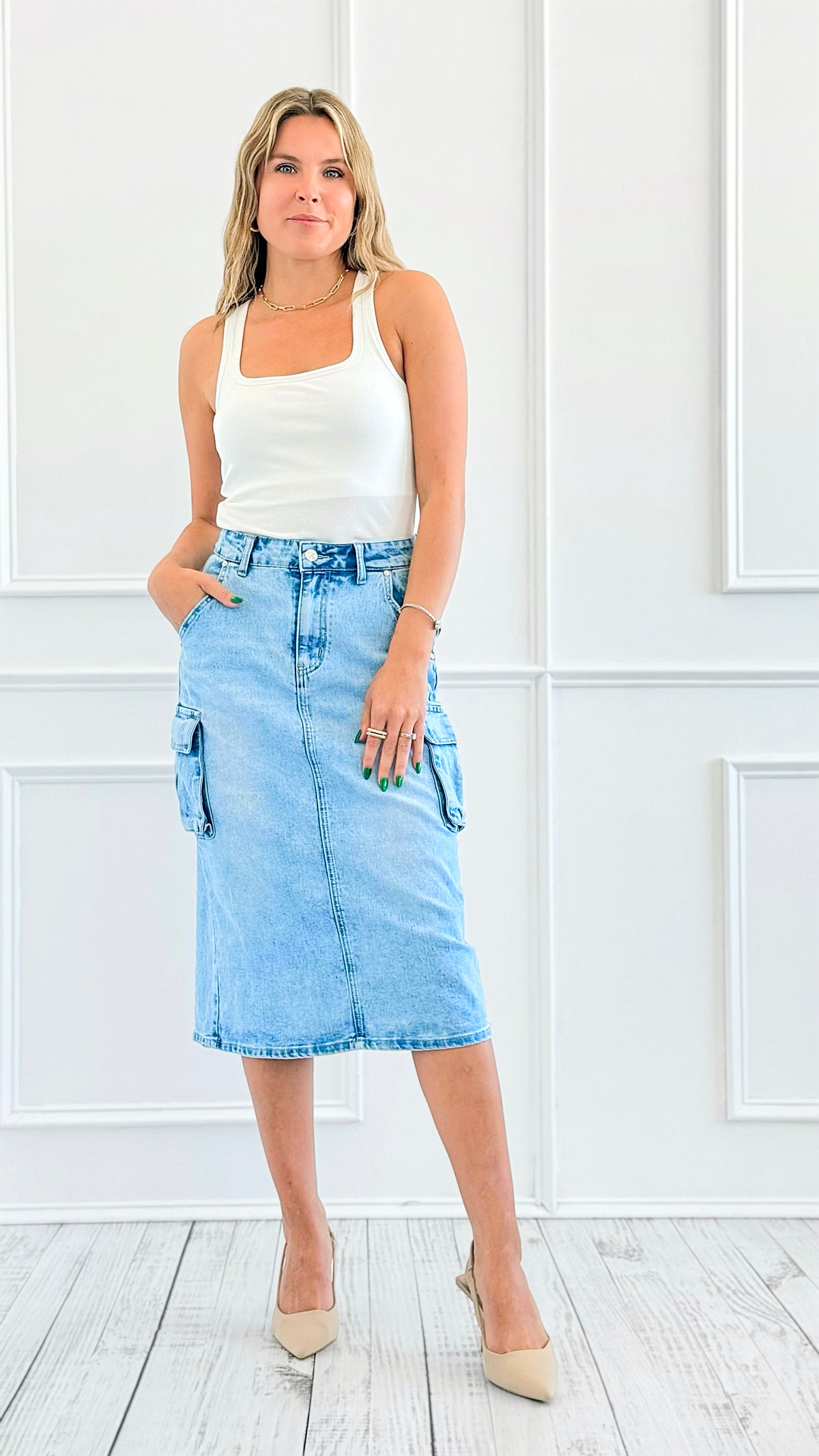Utility Pocket Midi Skirt-170 Bottoms-V6-Coastal Bloom Boutique, find the trendiest versions of the popular styles and looks Located in Indialantic, FL