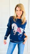 Equestrian Parade Italian Sweater- Navy-140 Sweaters-K2-Coastal Bloom Boutique, find the trendiest versions of the popular styles and looks Located in Indialantic, FL