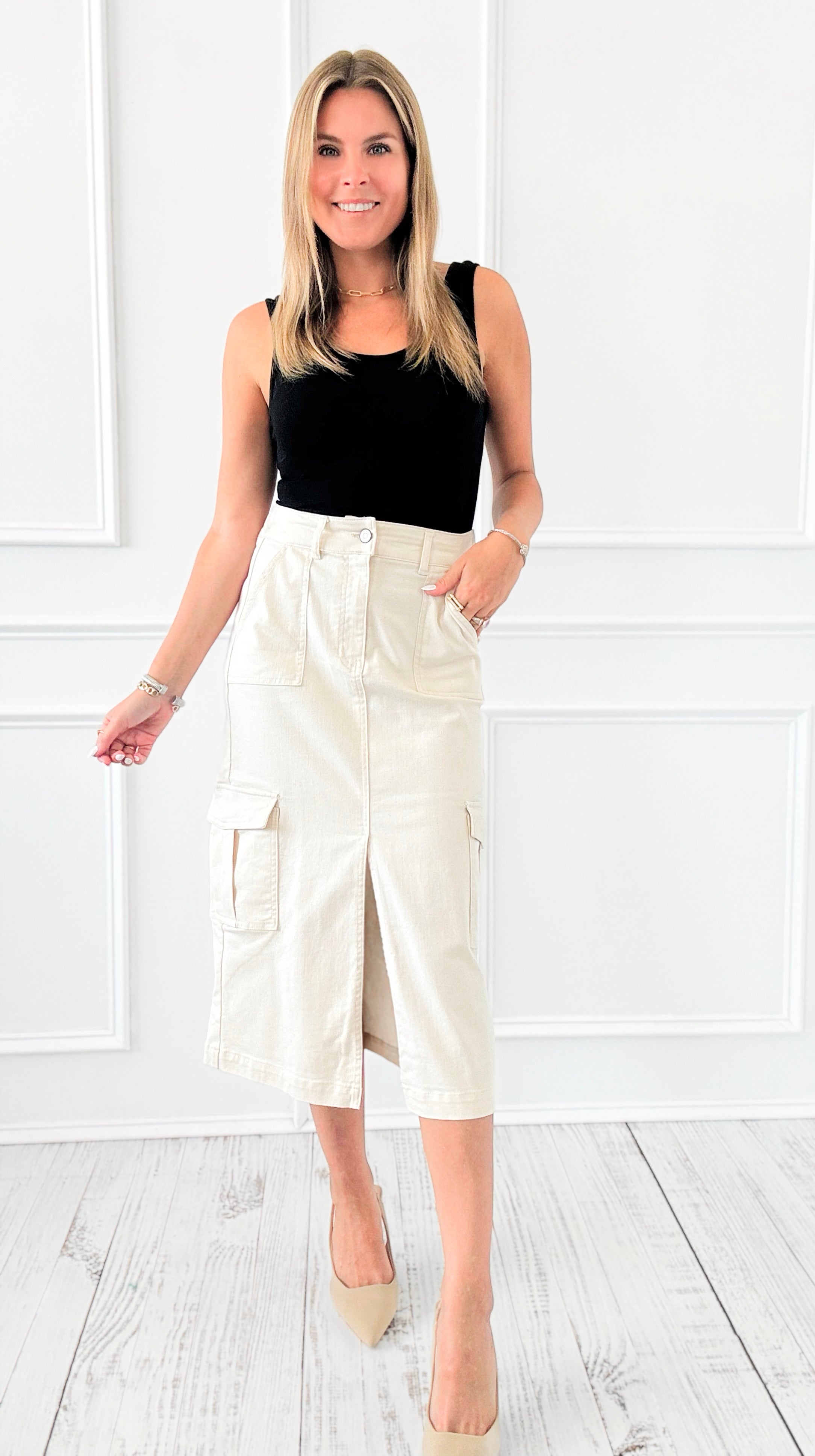 City Escape High Waist Denim Cargo Skirt - Cream-170 bottoms-White Birch-Coastal Bloom Boutique, find the trendiest versions of the popular styles and looks Located in Indialantic, FL