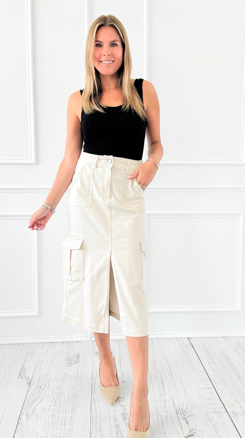 City Escape High Waist Denim Cargo Skirt - Cream-170 bottoms-White Birch-Coastal Bloom Boutique, find the trendiest versions of the popular styles and looks Located in Indialantic, FL