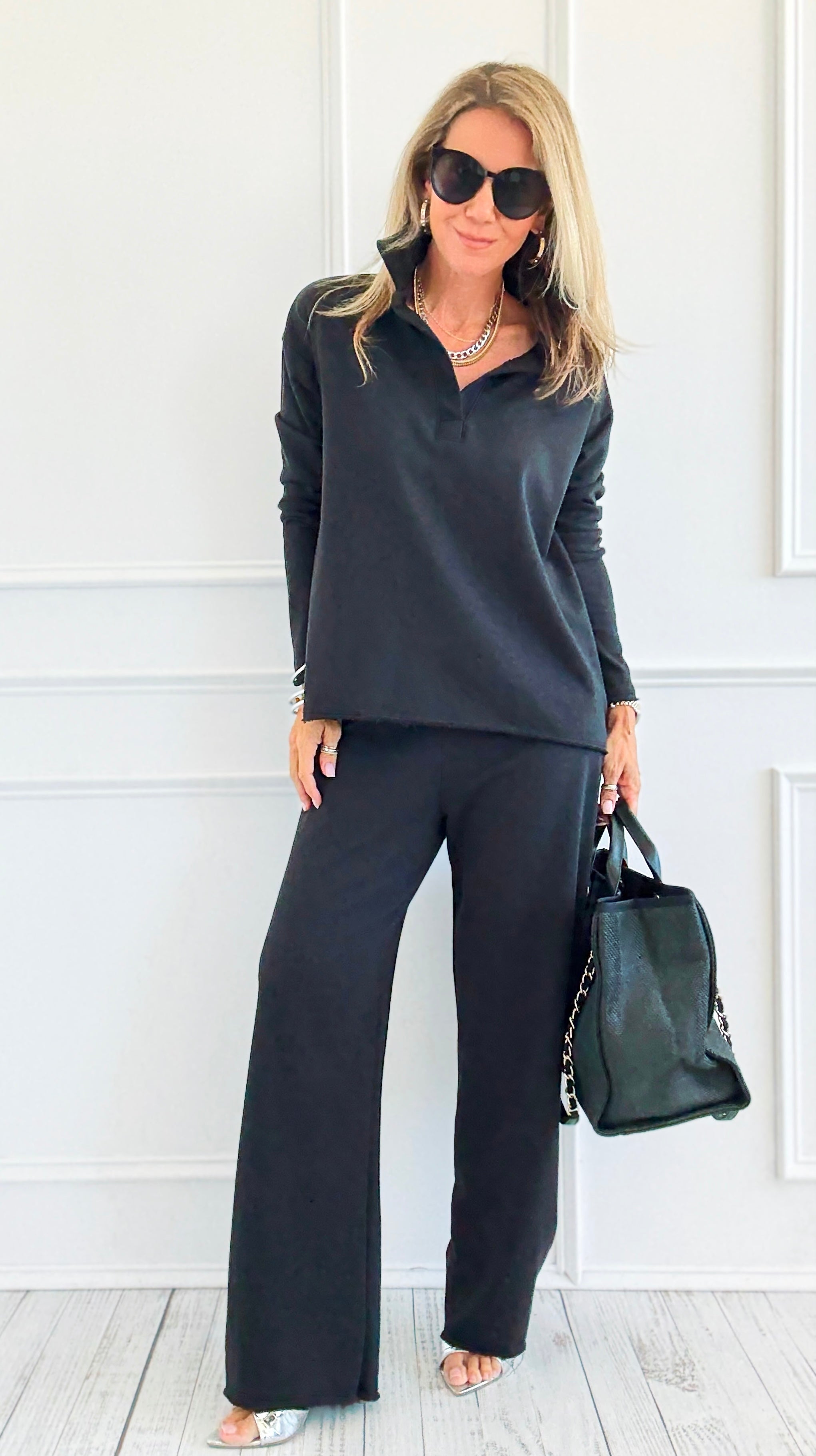 Chic & Cozy Eileen French Terry Pant Set-Black-210 Loungewear/sets-EC COLLECTION INC-Coastal Bloom Boutique, find the trendiest versions of the popular styles and looks Located in Indialantic, FL