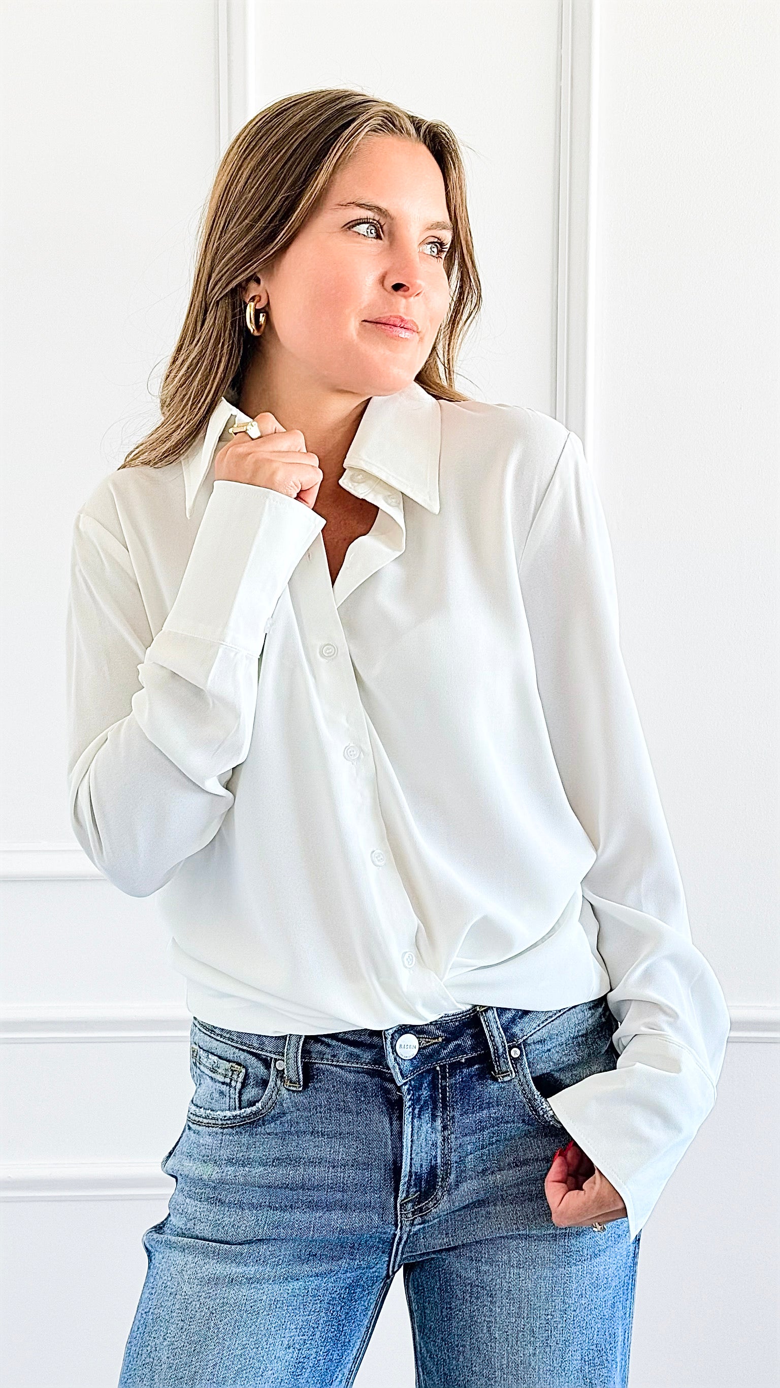 Elegant Muse Button Down Top - Ivory-130 Long Sleeve Tops-Must Have-Coastal Bloom Boutique, find the trendiest versions of the popular styles and looks Located in Indialantic, FL