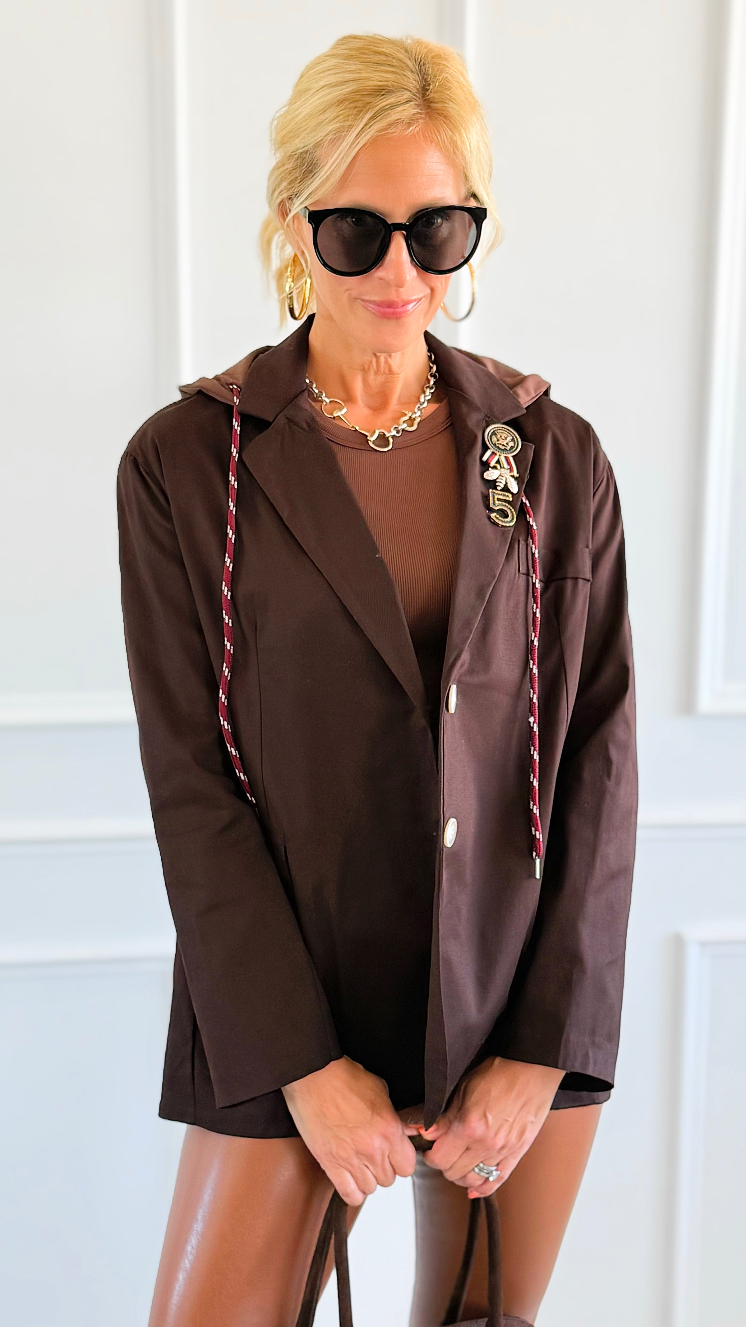 Medal Luxe Italian Hooded Blazer- Brown-160 Jackets-STAR SRL-Coastal Bloom Boutique, find the trendiest versions of the popular styles and looks Located in Indialantic, FL