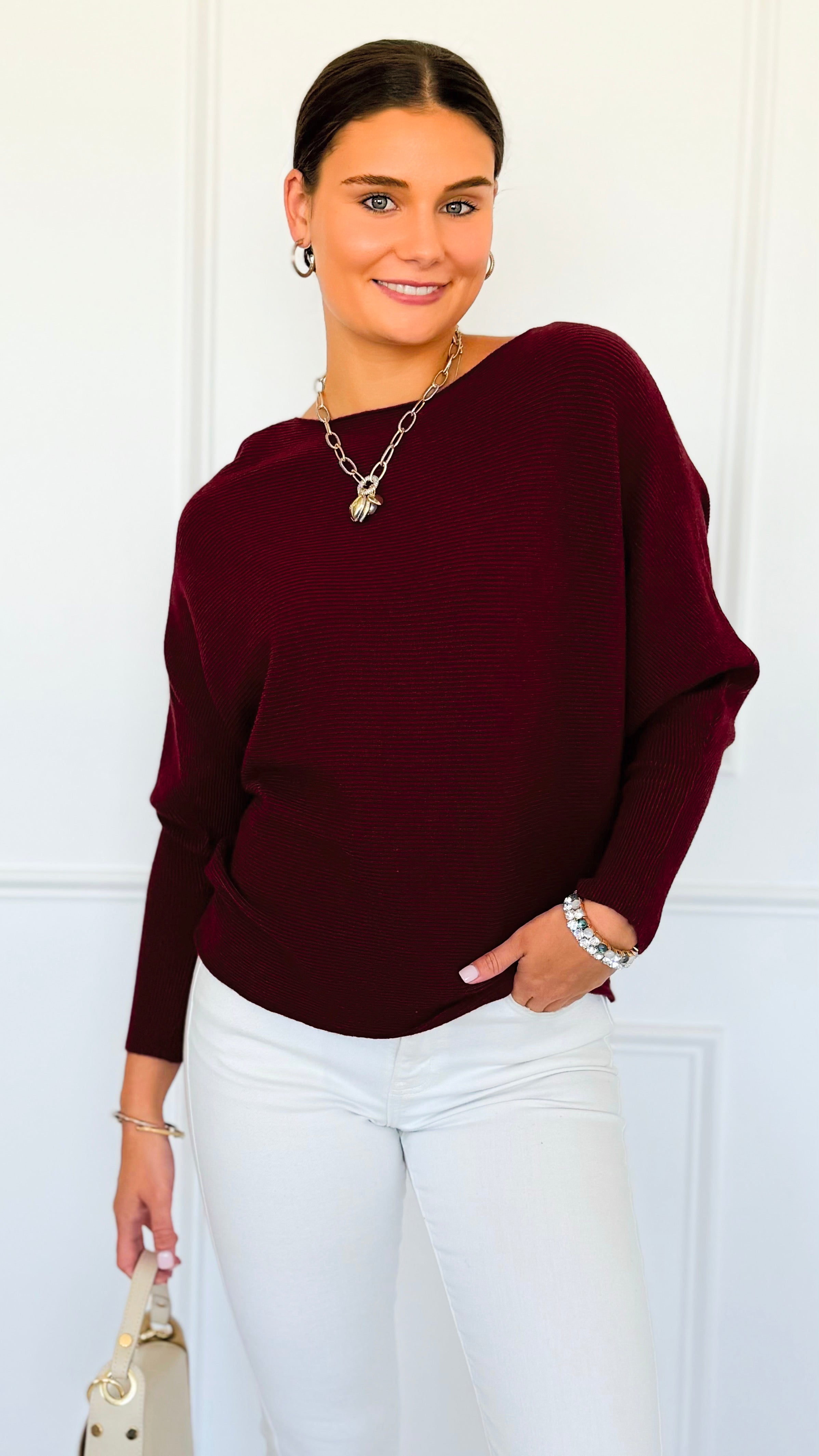 Ribbed Italian Pullover- Burgundy-140 Sweaters-Italianissimo-Coastal Bloom Boutique, find the trendiest versions of the popular styles and looks Located in Indialantic, FL
