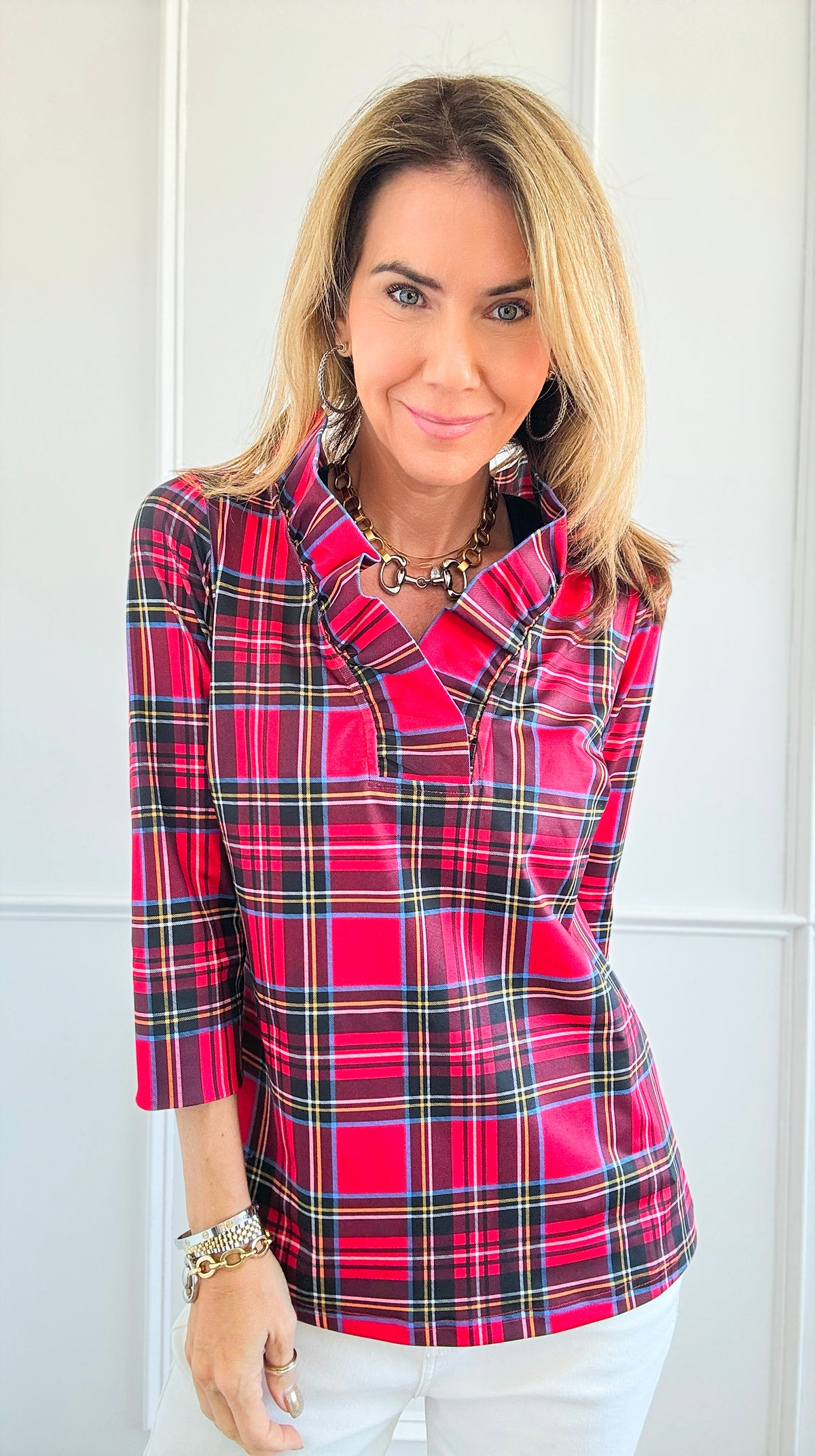 Glen Plaid Ruffle Collar Top- Red-130 Long Sleeve Tops-Gretchen Scott-Coastal Bloom Boutique, find the trendiest versions of the popular styles and looks Located in Indialantic, FL