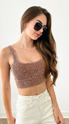 Washed Ribbed Square Neck Cropped With Bra Pads - Dark Camel-220 Intimates-Zenana-Coastal Bloom Boutique, find the trendiest versions of the popular styles and looks Located in Indialantic, FL