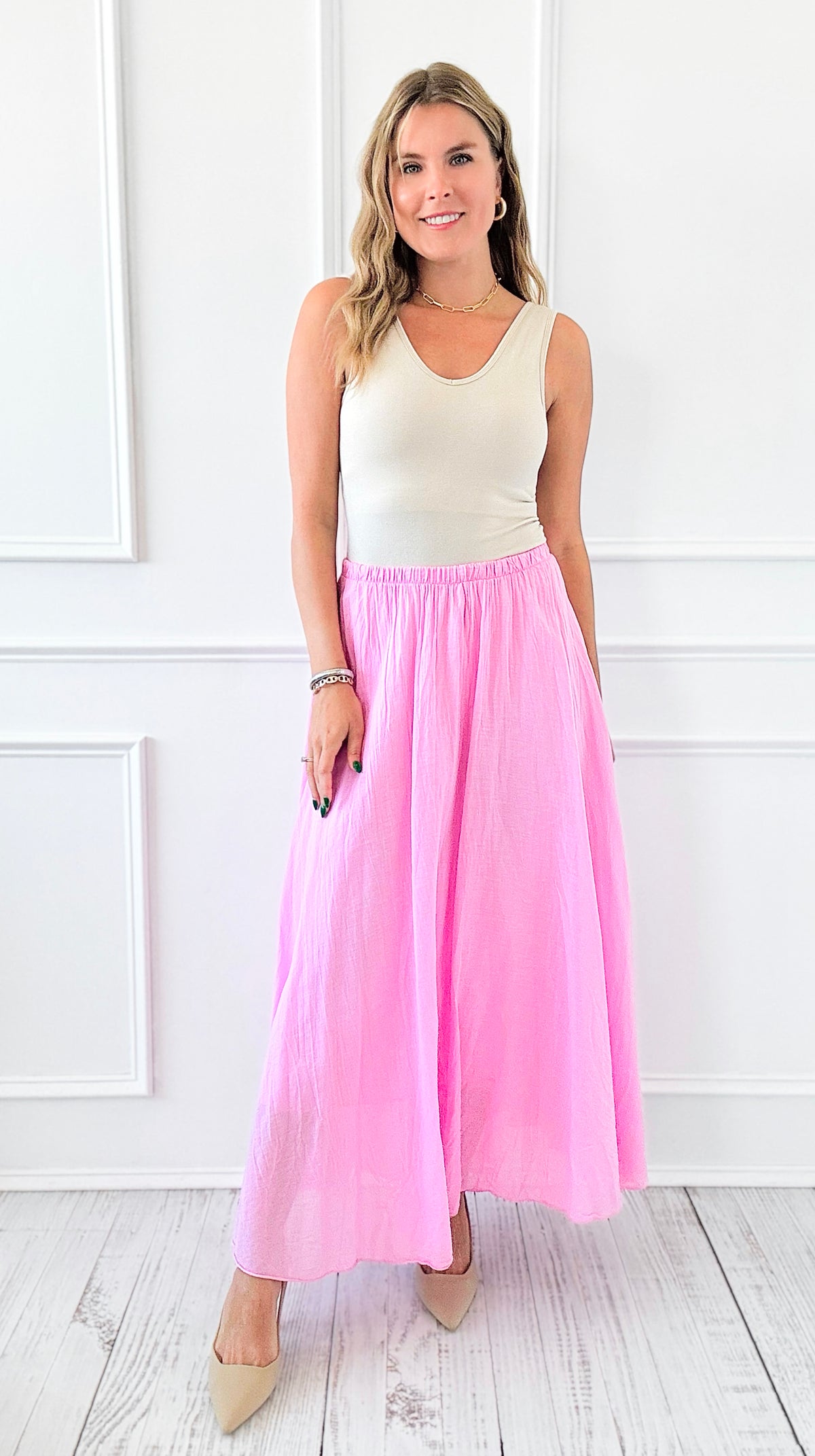 Serenity Italian Skirt- Pink-170 bottoms-Italianissimo-Coastal Bloom Boutique, find the trendiest versions of the popular styles and looks Located in Indialantic, FL