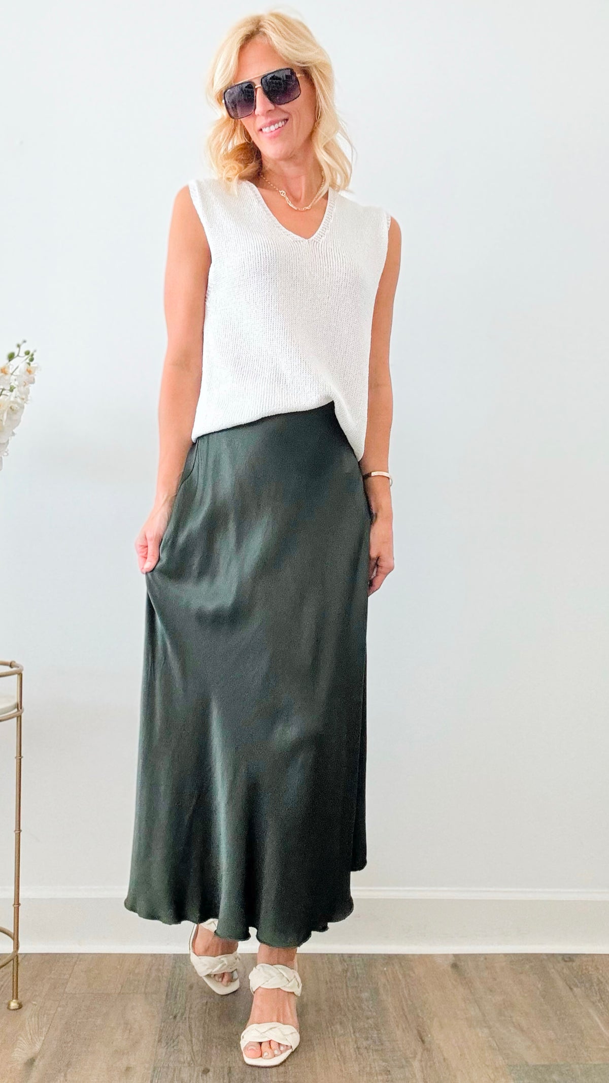 Brooklyn Italian Satin Midi Skirt - Army Green-170 Bottoms-Italianissimo-Coastal Bloom Boutique, find the trendiest versions of the popular styles and looks Located in Indialantic, FL