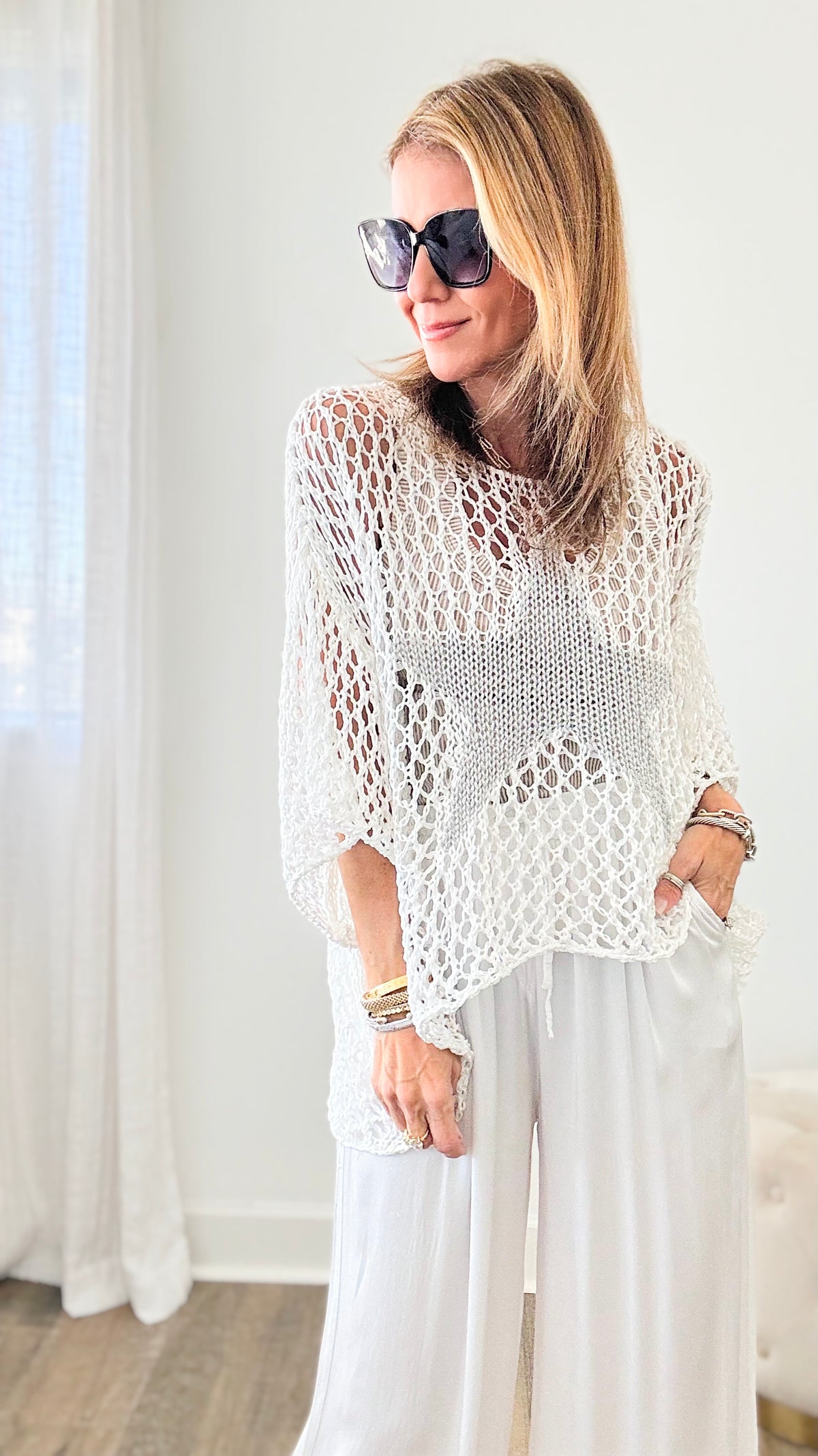 Shining Star Italian Chain Sweater - White/Silver-140 Sweaters-Look Mode-Coastal Bloom Boutique, find the trendiest versions of the popular styles and looks Located in Indialantic, FL