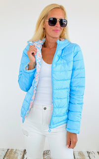 Reversible Printed Puffer Hoodie Jacket - Sky Blue-160 Jackets-Blue Age-Coastal Bloom Boutique, find the trendiest versions of the popular styles and looks Located in Indialantic, FL