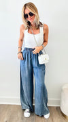 Mineral Washed Chambray Wide Pants-170 Bottoms-EASEL-Coastal Bloom Boutique, find the trendiest versions of the popular styles and looks Located in Indialantic, FL