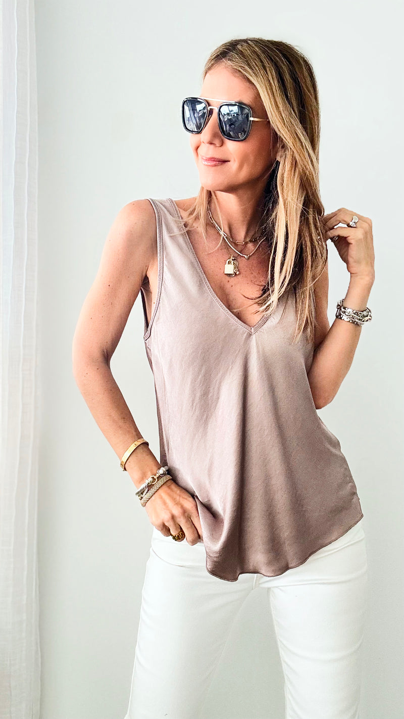 Simply Satin Italian Tank - Dark Taupe-100 Sleeveless Tops-Germany-Coastal Bloom Boutique, find the trendiest versions of the popular styles and looks Located in Indialantic, FL