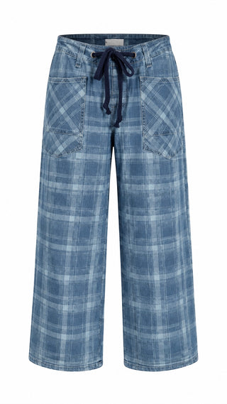 Denim Plaid Drawstring High Waist Pants