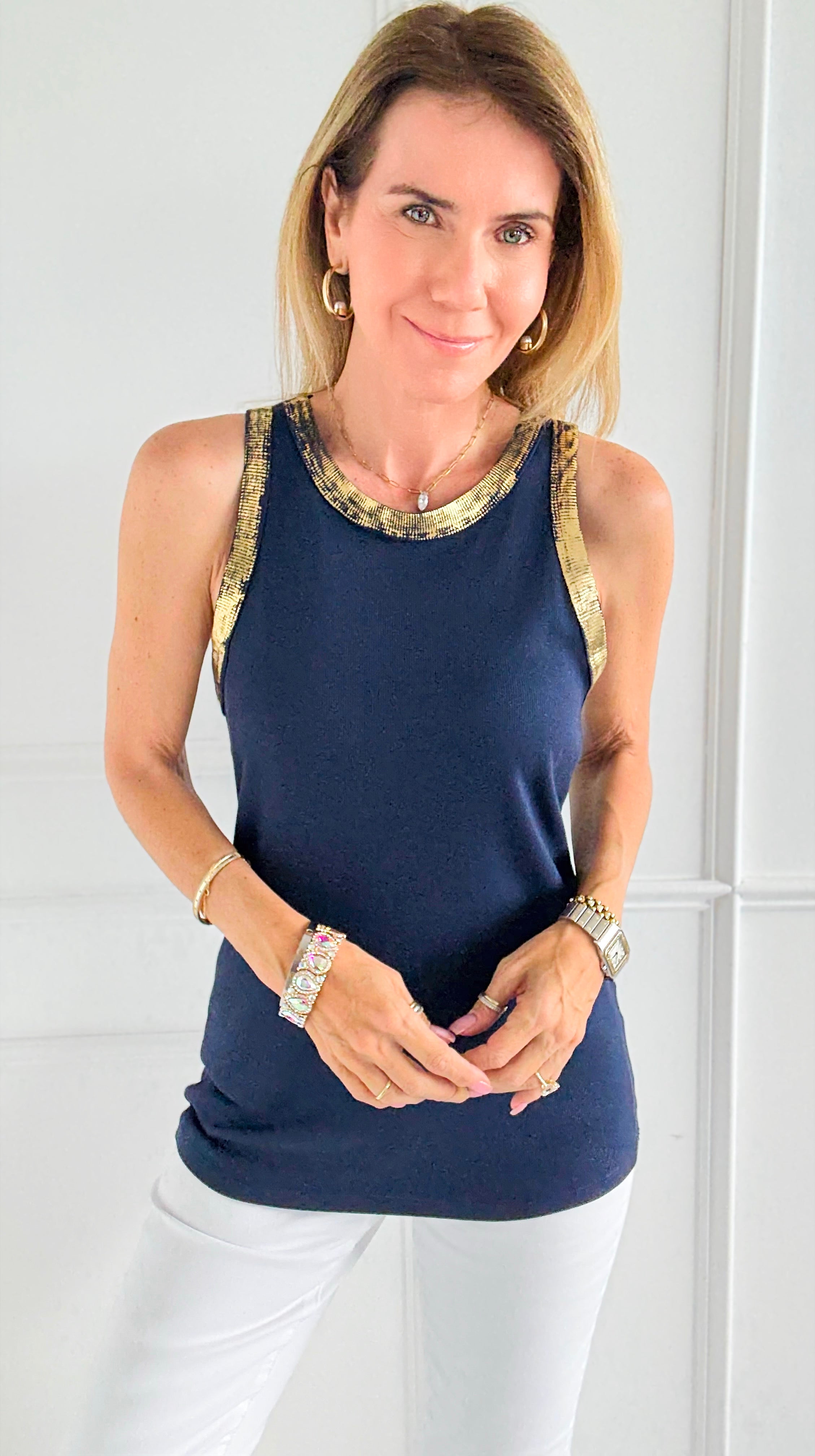 Metallic Foil Detailed Ribbed Italian Tank - Gold/Navy-100 Sleeveless Tops-Italianissimo-Coastal Bloom Boutique, find the trendiest versions of the popular styles and looks Located in Indialantic, FL