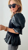 Puff Sleeve Mixed Media Top-110 Short Sleeve Tops-T H M L-Coastal Bloom Boutique, find the trendiest versions of the popular styles and looks Located in Indialantic, FL
