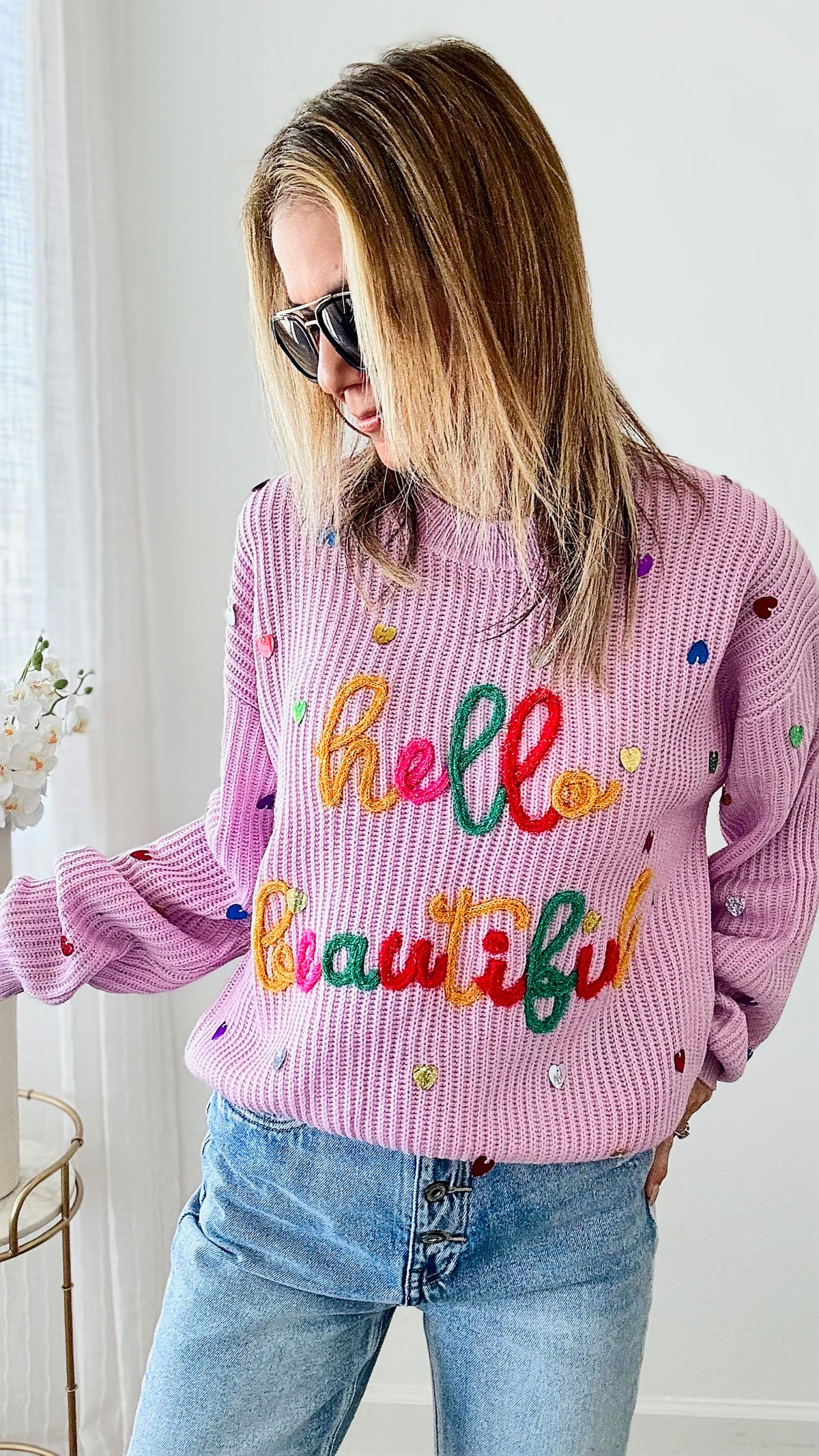Hello Beautiful with Hearts Sweater-140 Sweaters-Jodifl-Coastal Bloom Boutique, find the trendiest versions of the popular styles and looks Located in Indialantic, FL
