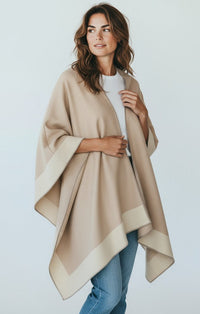 Neutral Trim Poncho - Sand/Beige-150 Cardigans/Layers-ARYEH-Coastal Bloom Boutique, find the trendiest versions of the popular styles and looks Located in Indialantic, FL