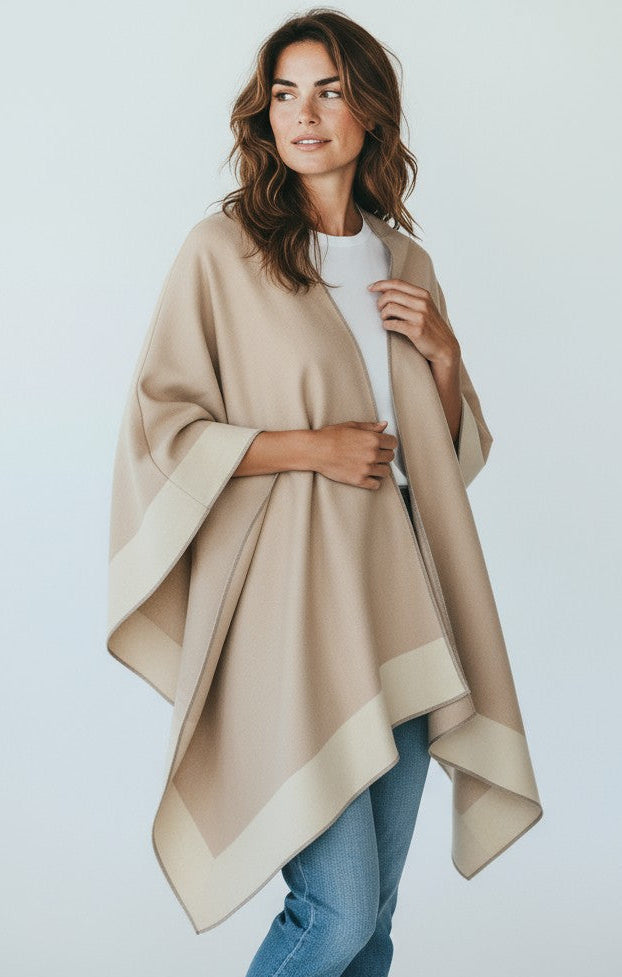 Neutral Trim Poncho - Sand/Beige-150 Cardigans/Layers-ARYEH-Coastal Bloom Boutique, find the trendiest versions of the popular styles and looks Located in Indialantic, FL