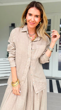 Tuscany Linen Italian Button Top- Taupe