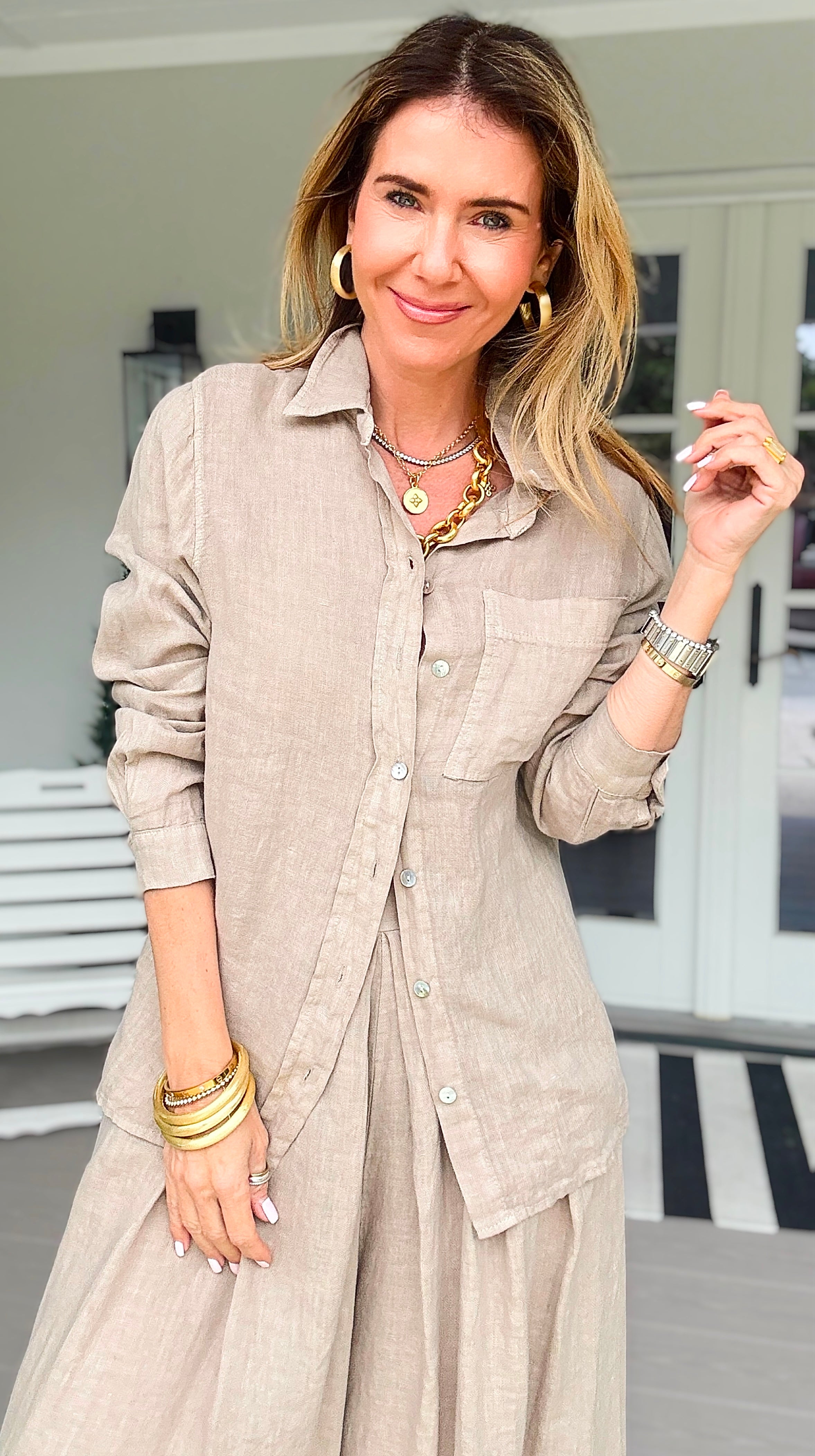 Tuscany Linen Italian Button Top- Taupe