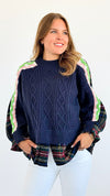 Highland Knit Patchwork Sweater - Navy-140 Sweaters-Cezele-Coastal Bloom Boutique, find the trendiest versions of the popular styles and looks Located in Indialantic, FL