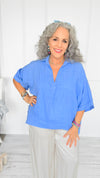 DAMAGED-Soft Days Linen Italian Button Top- Periwinkle-110 short Sleeve Top-PORCIENTO-Coastal Bloom Boutique, find the trendiest versions of the popular styles and looks Located in Indialantic, FL